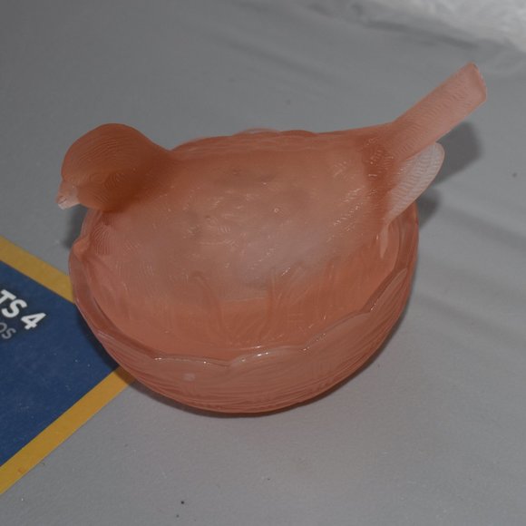 Heisey Other - Heisey Frosted/Satin Pink Glass Robin on Basket Candy Dish